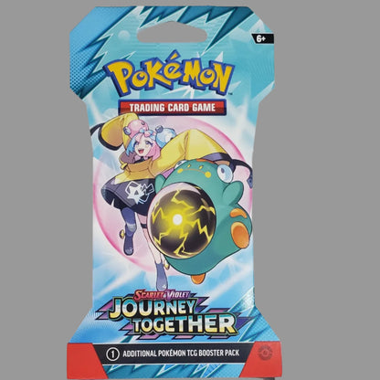 Pokémon Trading Card Game Scizor Force Jöourney Together booster pack card set with a promotional card below, photographed on a light gray background.