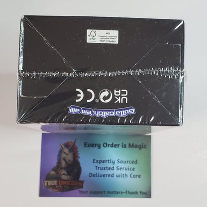 A sealed black Magic: The Gathering product box wrapped in clear plastic sits on a white background above a small printed card with a cat illustration and the text 'Every Order is Magic.'.