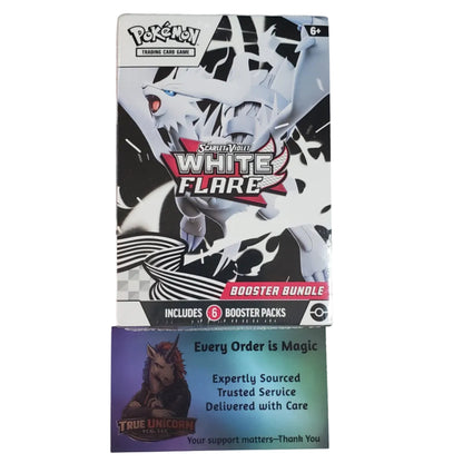 Pokémon TCG White Flare Booster Bundle box with a True Leader card insert, photographed on a plain light background.