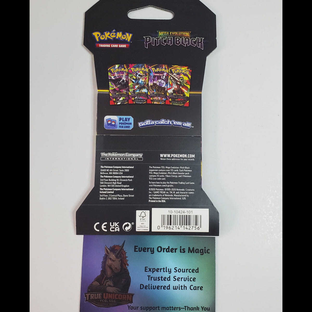 Back of a Pokémon TCG booster pack card package, showing the 'Punch-Black' card set, with a separate True Unicorn support card below on a light gray background.