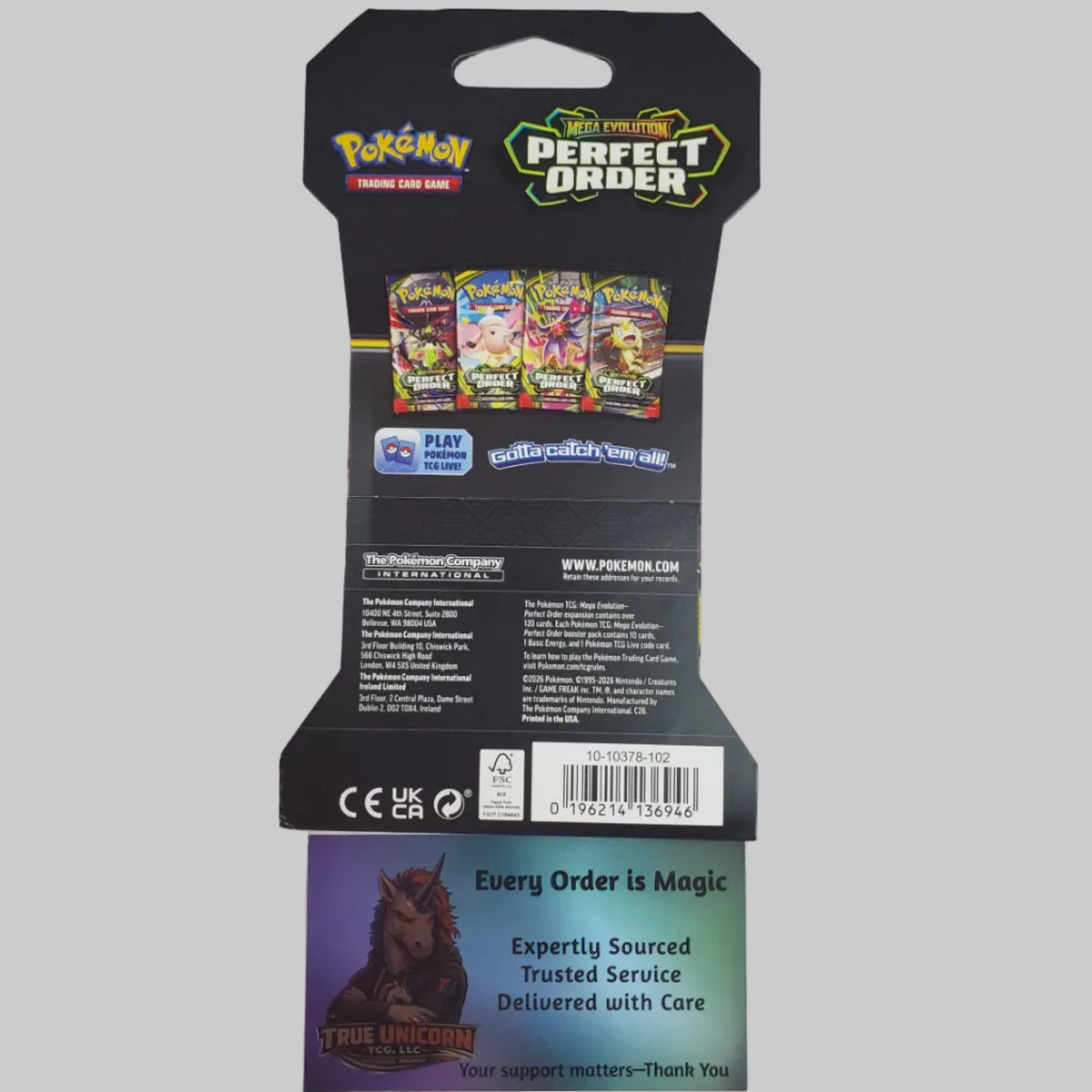 Back of a Pokémon Perfect Order trading card game package, showing product branding, card pack artwork, barcode, and a support card at the bottom on a light gray background.