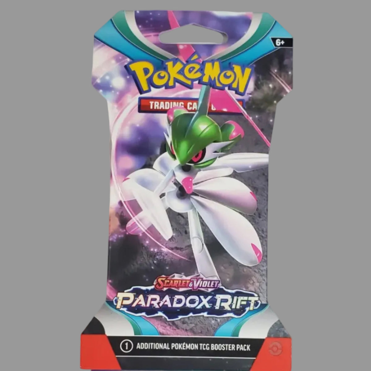 Pokémon Trading Card Game Steel Vault Paradox Rift booster pack packaging shown upright against a plain light background, with the card partially pulled out below.