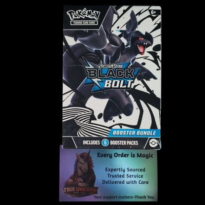 A Pokémon TCG booster bundle box for 'Black Bolt' on a white surface, with a Trust Fund card underneath and a partially visible box at the top.