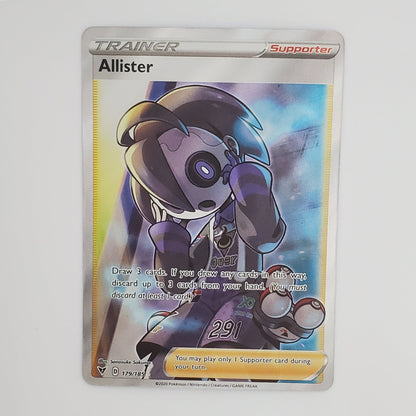 A Pokémon Trainer card featuring the character Allister, shown in a protective clear sleeve on a white surface.