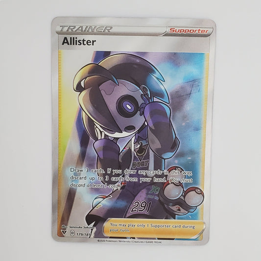 A Pokémon Trainer card featuring the character Allister, shown in a protective clear sleeve on a white surface.