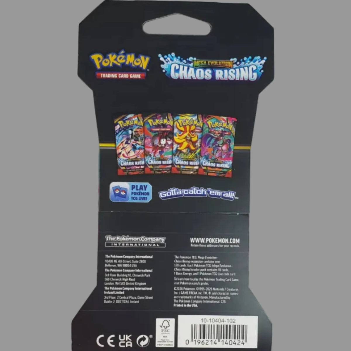 Pokémon Trading Card Game 'Chaos Rising' booster pack packaging insert, showing the back of the black cardboard hanger pack with product details, a barcode, and a purple promotional footer card.
