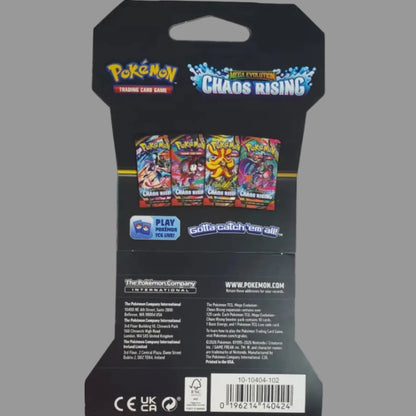 Pokémon Trading Card Game 'Chaos Rising' booster pack packaging insert, showing the back of the black cardboard hanger pack with product details, a barcode, and a purple promotional footer card.