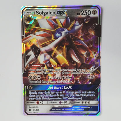 A holographic Pokémon Solgaleo GX trading card displayed against a plain white background.