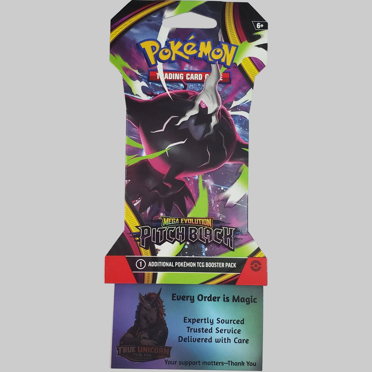 Pokémon Trading Card Game Pitch Black booster pack card with a promotional card below it, photographed on a plain light background.