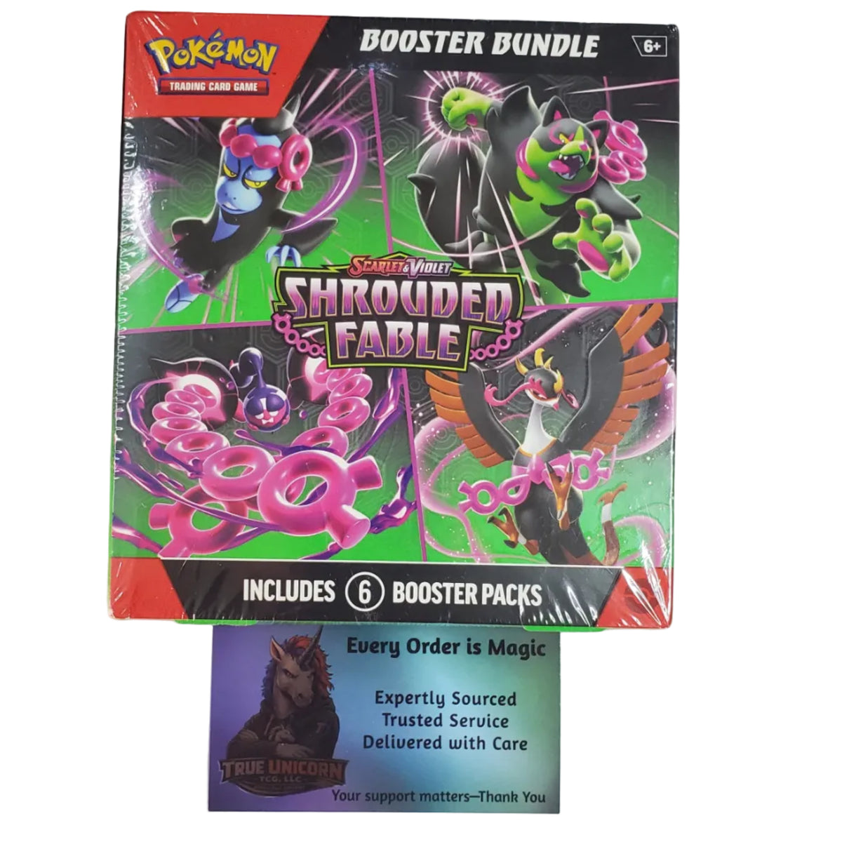 Pokémon Trading Card Game Shrouded Fable booster bundle box shown on a white background, with a small support card placed below it.