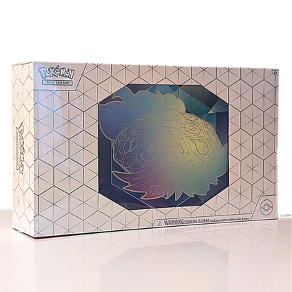Pokémon Tera Blast 150th Anniversary Holographic Mystery Box, featuring a white geometric patterned box with a clear window displaying a colorful holographic Pokémon egg.