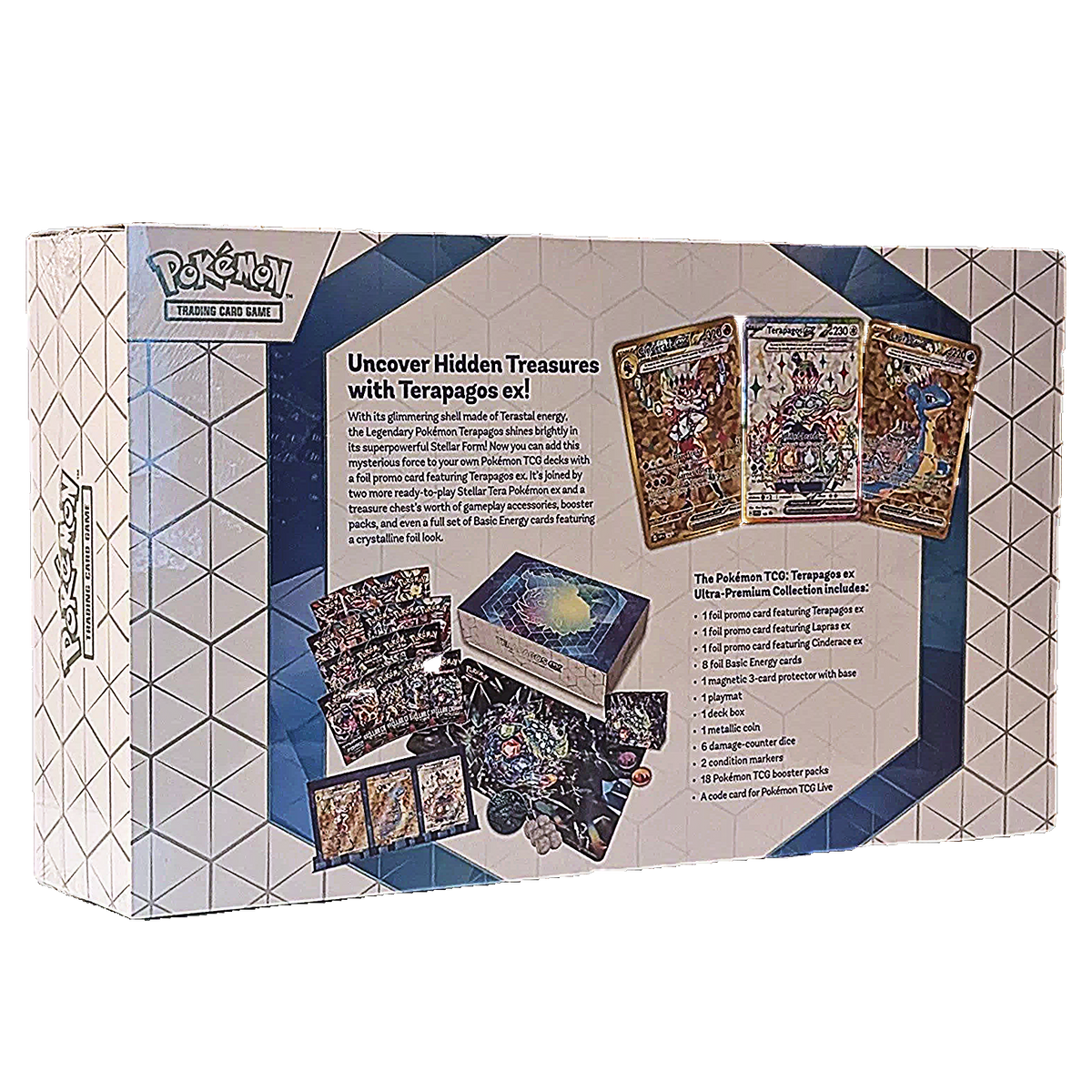 Pokémon Trading Card Game Uncover Hidden Treasures with Terapagos! box set packaging, showing the front and back of the retail box with product imagery and text.