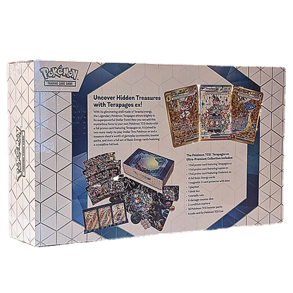 Pokémon Trading Card Game Uncover Hidden Treasures with Terapagos! box set packaging, showing the front and back of the retail box with product imagery and text.