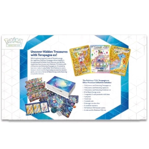 A promotional booklet or flyer for the Pokémon TCG Terapagos ex set, featuring product photos, card examples, pricing text, and a list of included items on a white background with blue geometric accents.