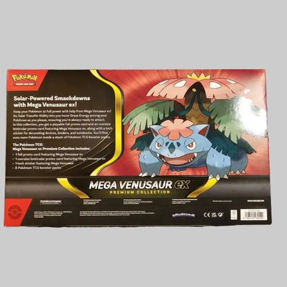 Pokémon TCG Mega Venusaur GX Premium Collection box shown from the back, featuring artwork of Venusaur on a red and black background, photographed on a gray textured carpet.